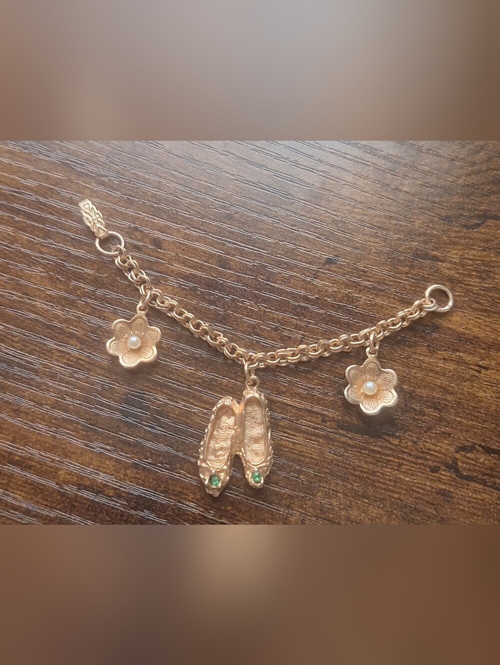 Vintage Gold Ballet Flats Charm with Flower Charms Pearl Green Stone Untested
